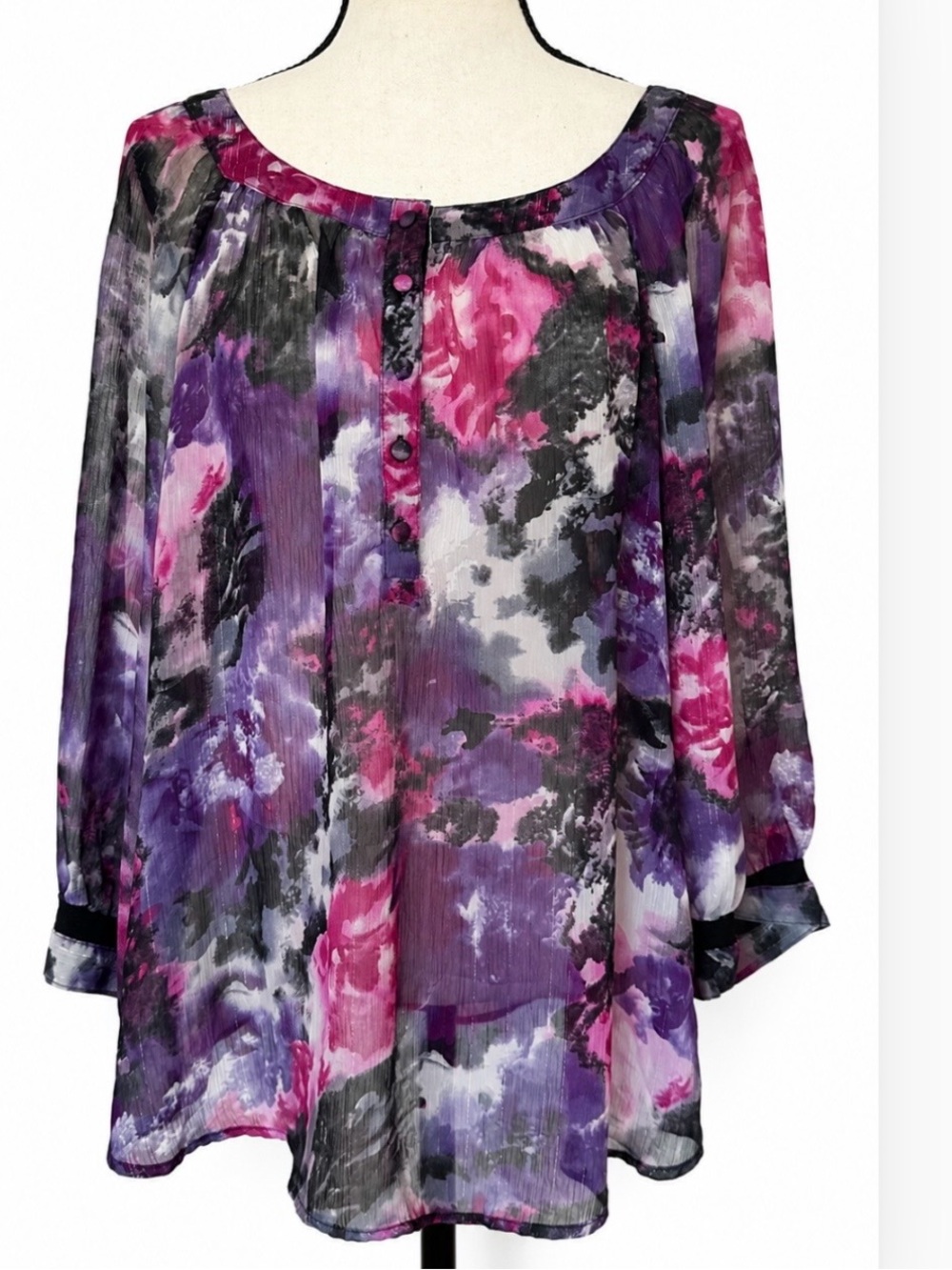 Sheer Pleated Abstract Floral Blouse Top Purple Pink Whimsigoth Boho M Chic